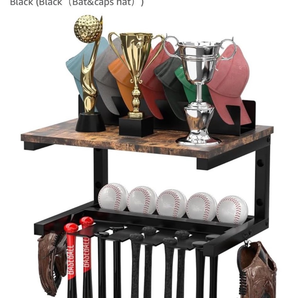 Baseball Bat and Cap Display Rack with Trophies